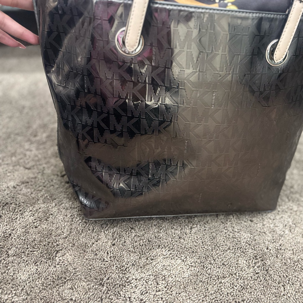 Michael Kors Black Monogram Patent Tote With Cream Handles